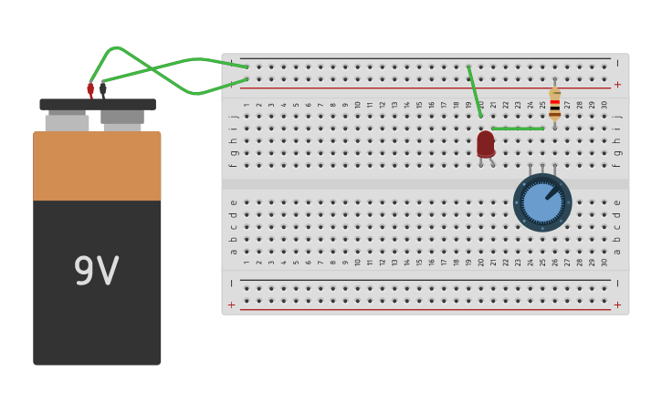 Circuit design LED con potenciómetro en placa protoboard - Tinkercad