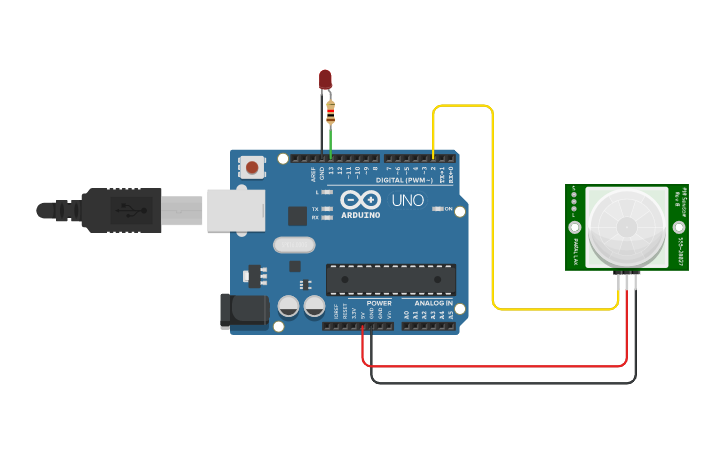 Circuit design A-2 PIR sensor with arduino | Tinkercad