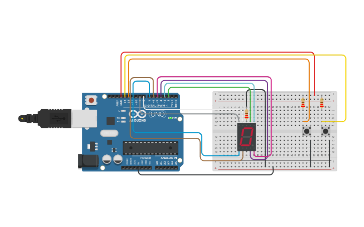 Circuit design 7segment dengan 2 push button - Tinkercad