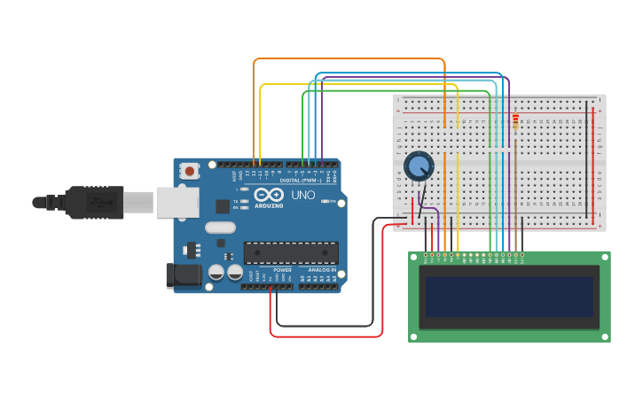 Circuit design Output “hello, world” on the LCD display - Tinkercad