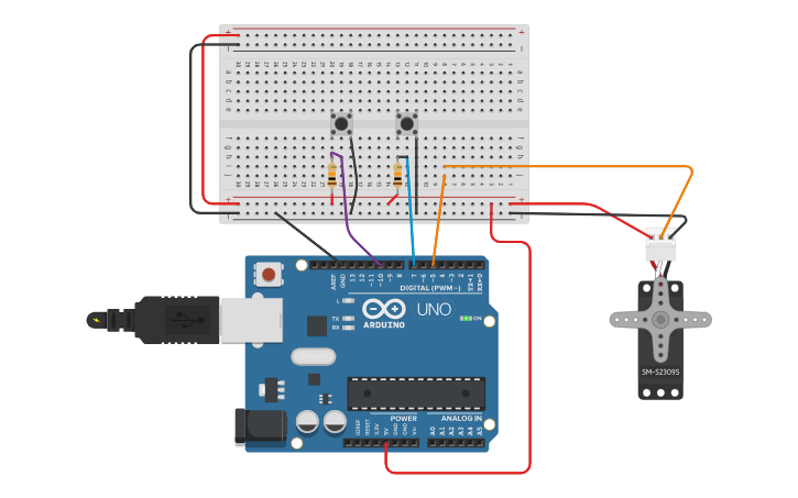 Circuit design control servo with two buttons - Tinkercad