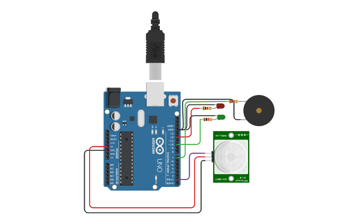 Circuit design Sensor + LED + Sound - Tinkercad