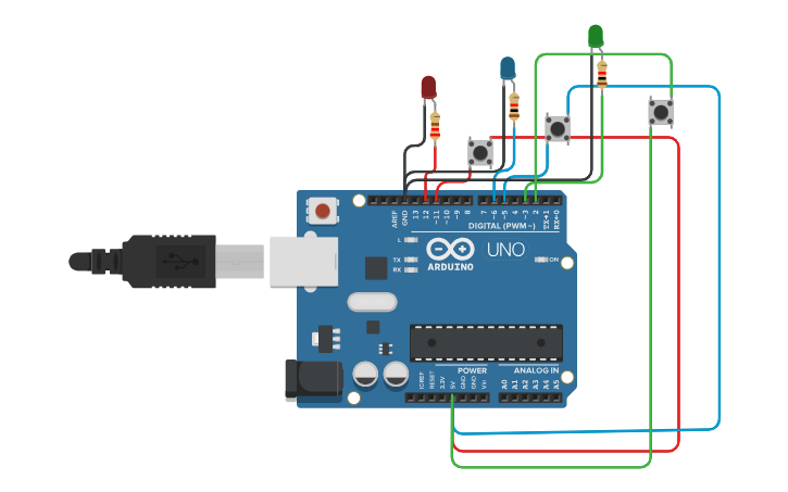 Circuit design 3 LED Push Button - Tinkercad