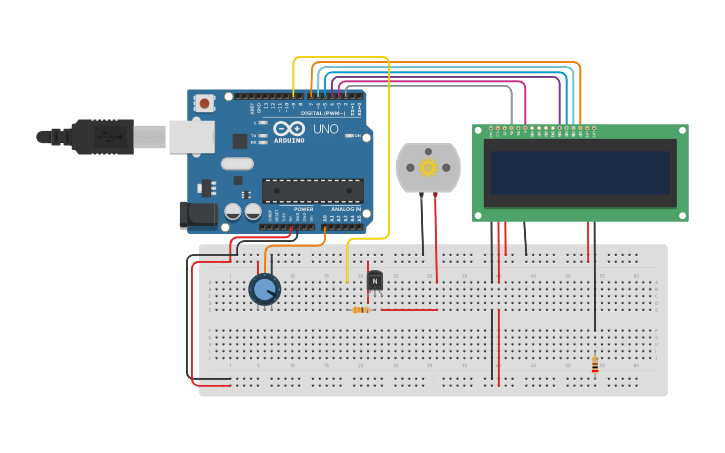 Circuit design Potenciometer with DC motor and LCD 16x2 - Tinkercad