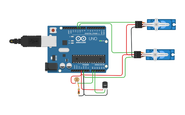 Circuit design 2 SERVOS 2 SENSORES - Tinkercad