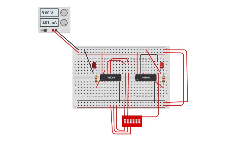 Circuit design nand gate 74hc02 and hex inveter - Tinkercad