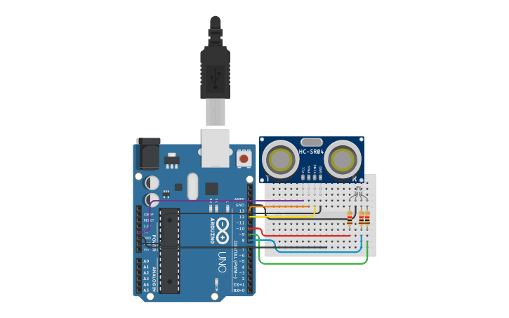 Circuit design Ultrasonic Distance Sensor with led - Tinkercad