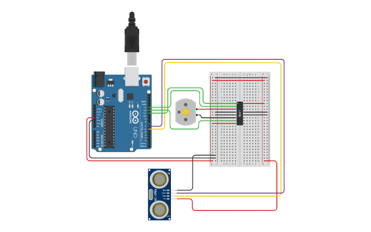 Circuit design KENDALI MOTOR DC DENGAN SENSOR ULTRASONIK - Tinkercad