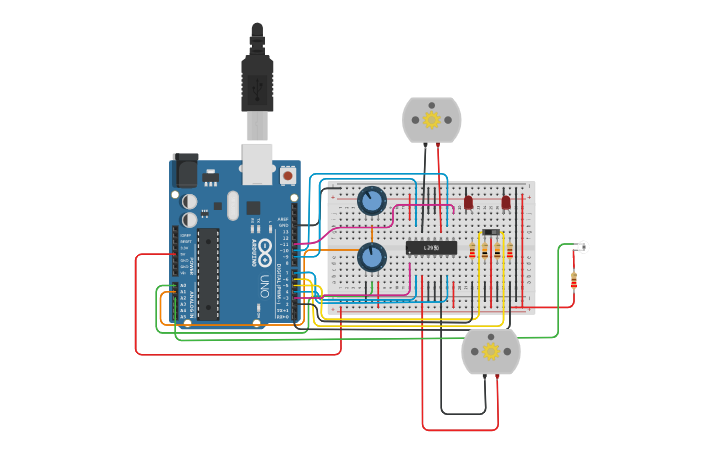 Circuit design leds with motors | Tinkercad