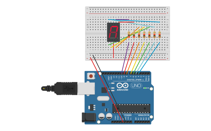 Circuit design Display 7 segmentos con arduino - Tinkercad