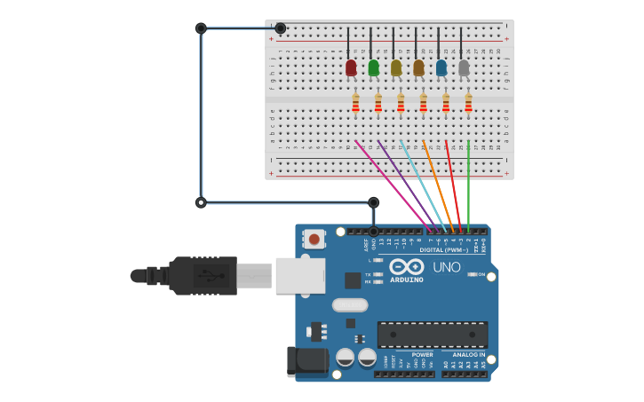 Circuit design Arduino(6 Leds) - Tinkercad