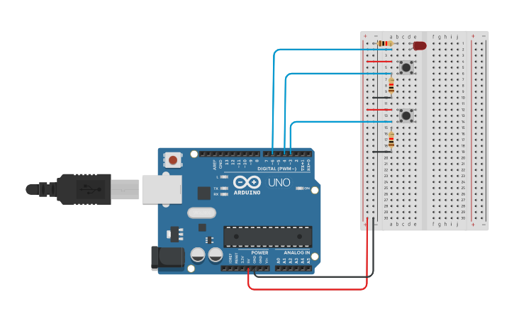Circuit design 2 pulsadores para un led | Tinkercad