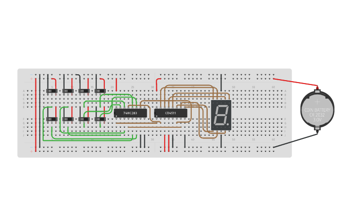 Circuit design ACTIVITY#7- 4-BIT-ADDER WITH 7-SEGMENT | Tinkercad
