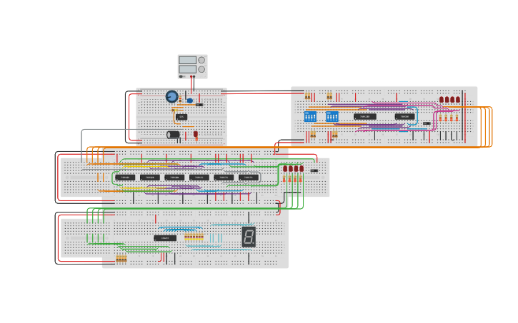 Circuit design 4-Bit Adder/Subtractor with 4-Bit Register | Tinkercad