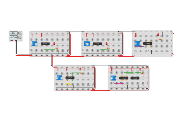 Circuit design AND_OR_NOT_XOR_XNOR using 7400 IC - Tinkercad