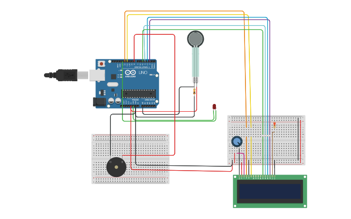 Circuit design Force sensor interfacing with alarm, LED and LCD - Tinkercad