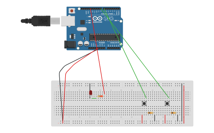 Circuit design Blink LED using 2 push button - Tinkercad