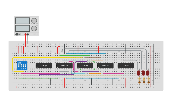 Circuit design Synchronous 3 bit up down Counter - Tinkercad