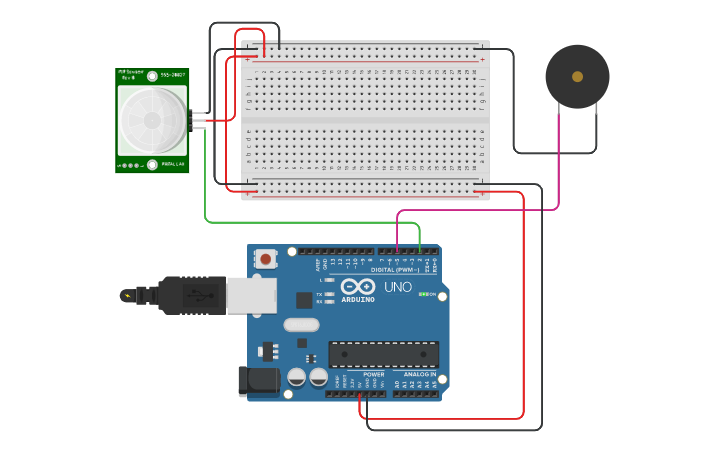 Circuit design Practica 8. Sensor PIR -Altavoz | Tinkercad