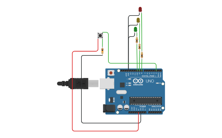 Circuit design Arduino Pubshbutton Multistate 3 LEDs - Tinkercad