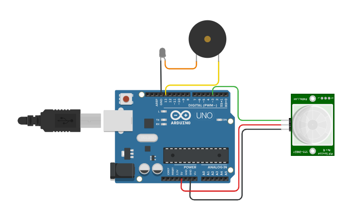 Circuit design PIR sensor with Buzzer - Tinkercad