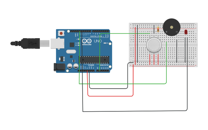 Circuit design GAS LEAKAGE DETECTION AND ALERT SYSTEM - Tinkercad
