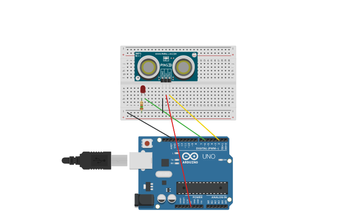 Circuit design Ultrasound+led - Tinkercad