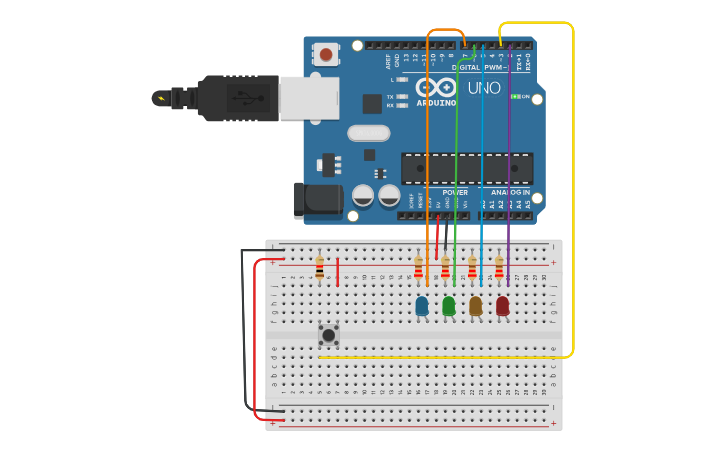 Circuit design un pulsador con 4 leds binario hasta el 15 - Tinkercad