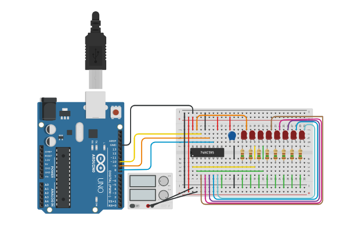 Circuit design Arduino+74H595 - Tinkercad