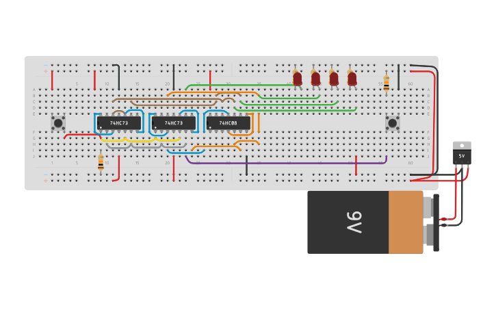 Circuit design 4bit-JK FF + Reset - Tinkercad