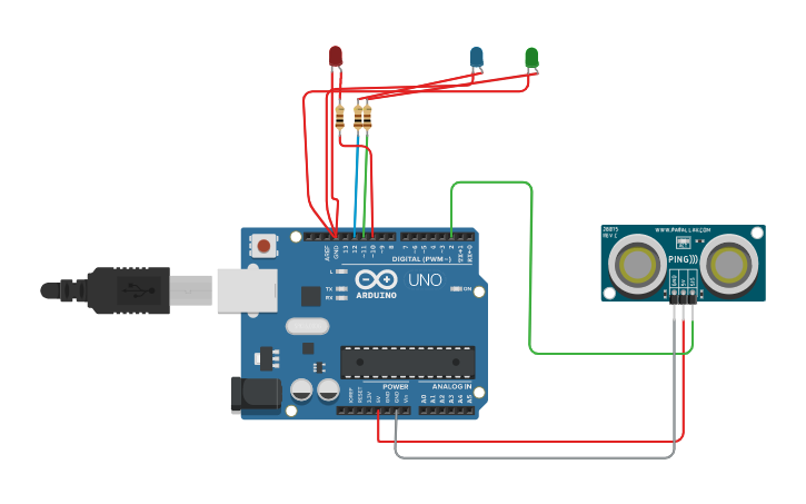 Circuit design blink RGB LED using Ultrasonic Distance Sensor - Tinkercad