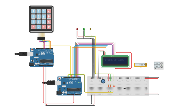 Circuit design doble arduino+ lcd+teclado matricial - Tinkercad