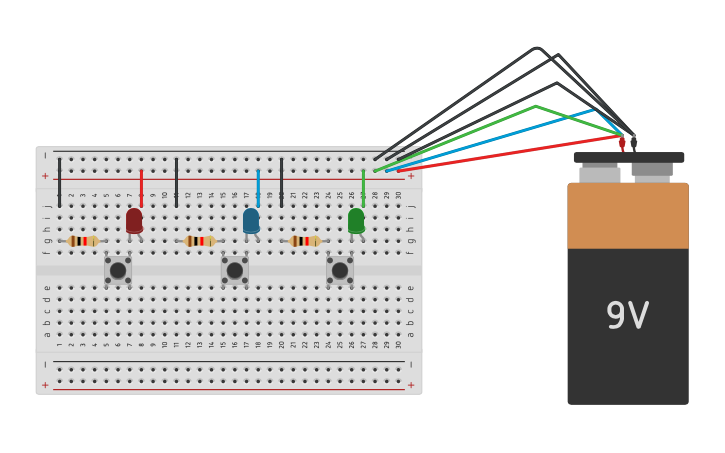 Circuit design Semana 2 Practica Circuito 3 leds y 3 pulsadores - Tinkercad