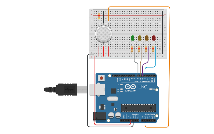 Circuit design Arduino + Sensor Gas + leds - Tinkercad