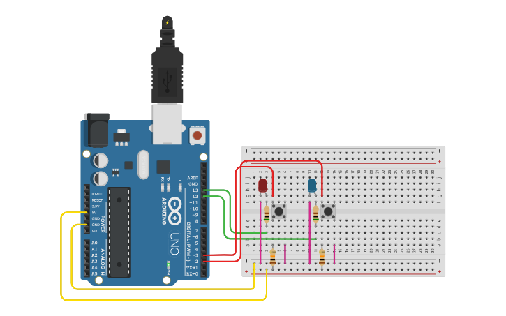 Circuit design Circuito 2 Led e 2 Botão - Tinkercad