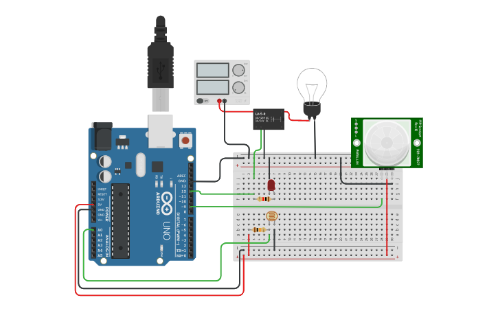 Circuit design Real World PIR + LDR Sensing - Tinkercad