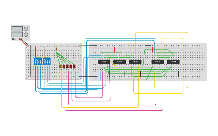 Circuit design 4-bit adder on 2 breadboards - Tinkercad