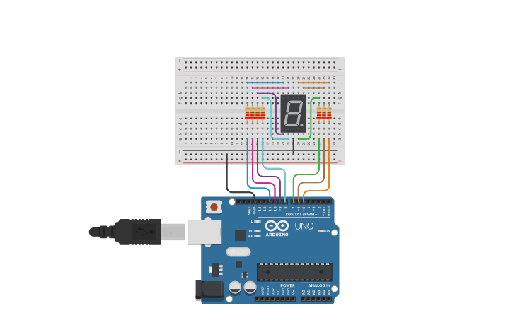 Circuit design Contador 0 - 9 con display de 7 segmentos - Tinkercad
