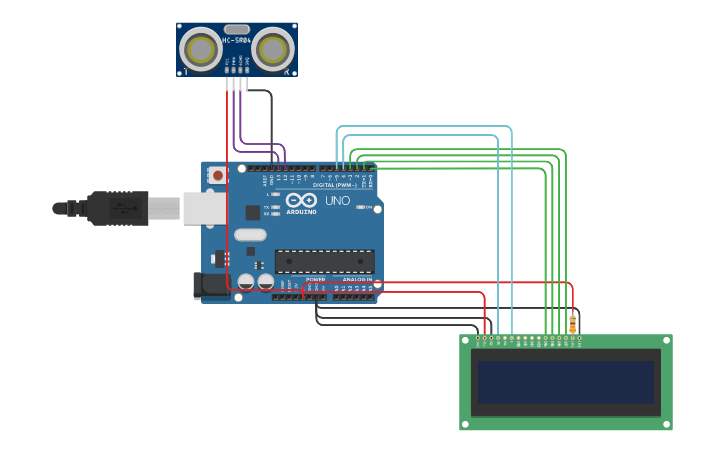 Circuit design Pomiar odległości z wyświetlaczem LCD | Tinkercad
