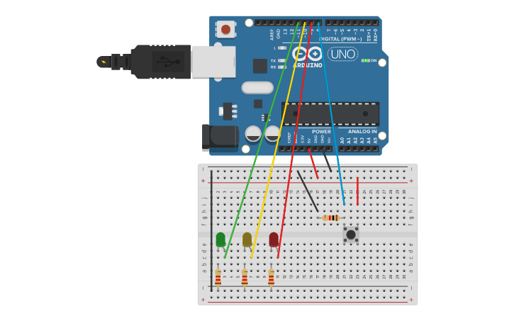 Circuit design SEMAFORO CON PULSADOR - Tinkercad