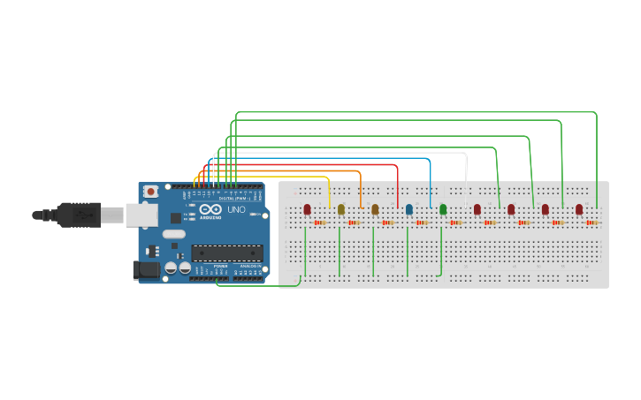 Circuit design 10 led blinking - Tinkercad