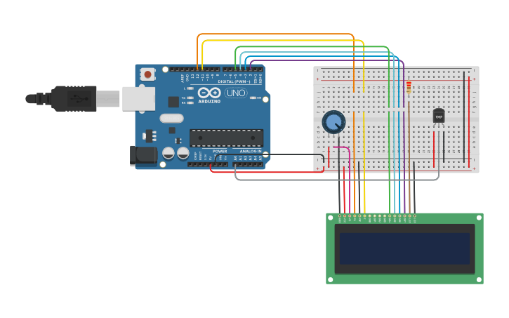 Circuit design Sensor TMP que printa a temperatura no LCD 16x2 - Tinkercad