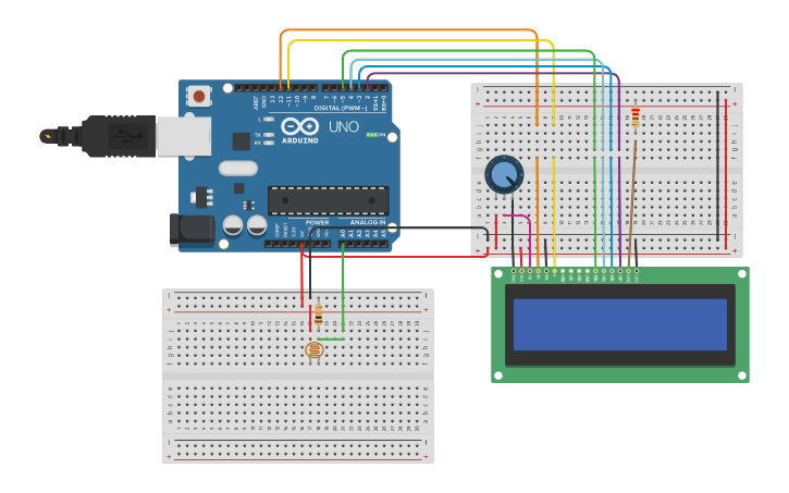 Circuit design fotoresistencia pantalla LCD - Tinkercad