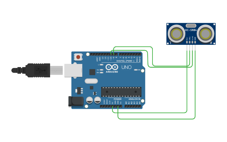 Circuit design Ultrasonic Sensor distance measure - Tinkercad