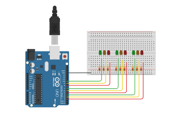Circuit design T-Junction Traffic Light System - Tinkercad