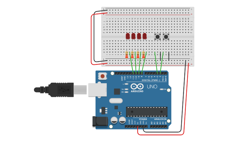 Circuit design Ej 1- Controlando LEDs con 2 pulsadores | Tinkercad