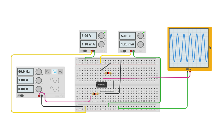 Circuit design AMPLIFICAR LA SEÑAL DE SALIDA E INVERTIRLA - Tinkercad