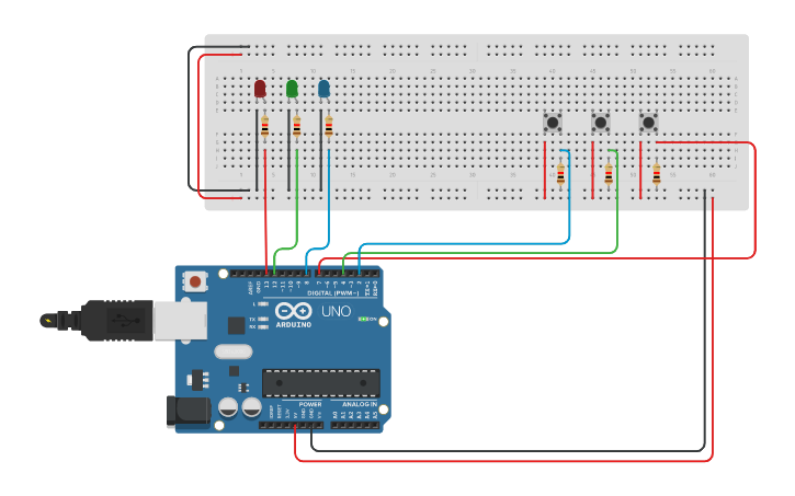Circuit design three button three LED bread board - Tinkercad