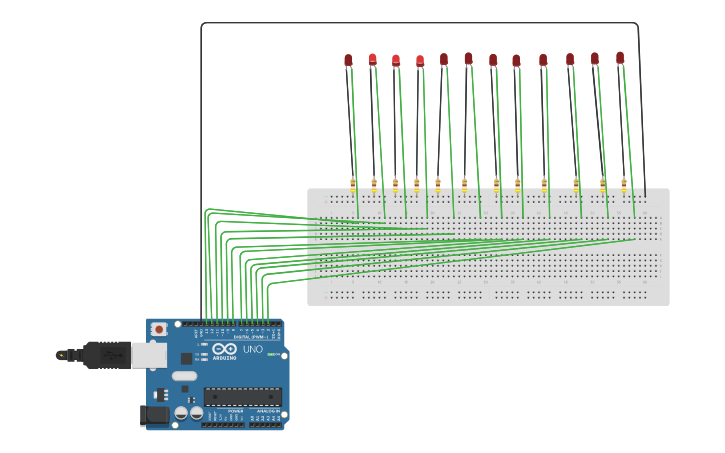 Circuit design Sequential blinking of 12 LEDs Q12 - Tinkercad