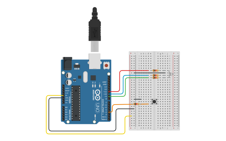 Circuit design Led RGB com botão - Tinkercad
